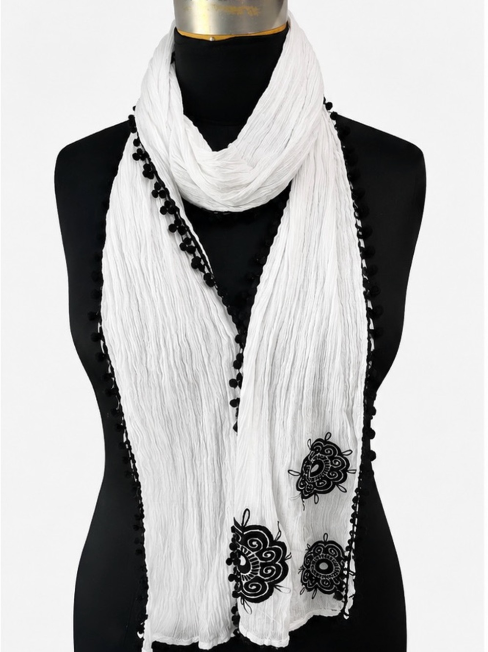 NATURAL LIFE White Scarf with Black Embroidery and Pom Trim
